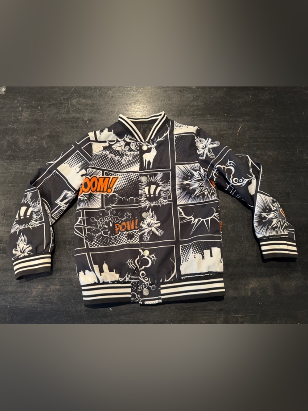 4/$15 Black & White Comic Panel Bomber Jacket and Orange Accent Boys Small (6-7)